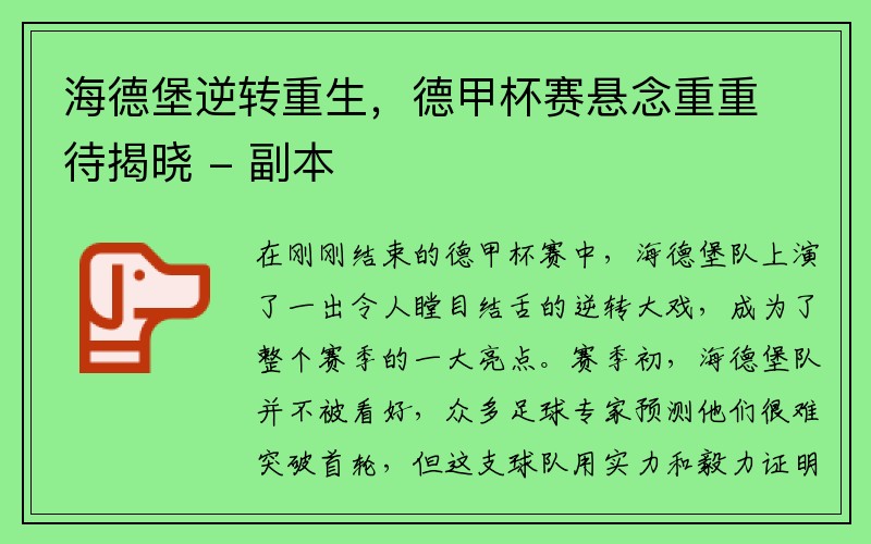 海德堡逆转重生，德甲杯赛悬念重重待揭晓 - 副本